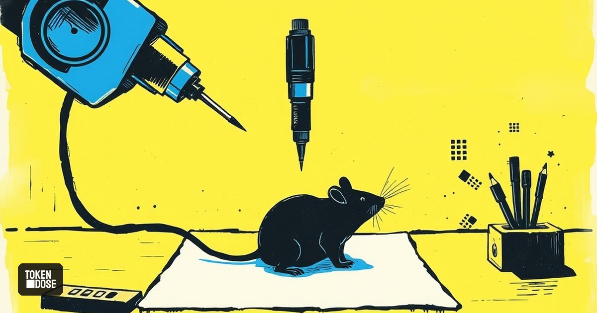 Bras chirurgical motorisé au-dessus d’une souris de laboratoire, avec un bouton d’arrêt d’urgence rouge à proximité