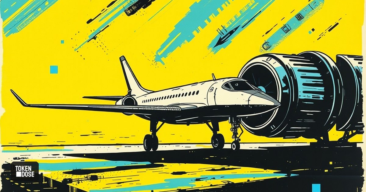 Maquette d’avion supersonique posée à côté d’une turbine industrielle, devant des rangées de serveurs lumineux