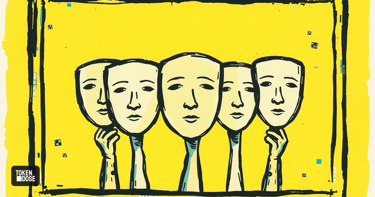 Cinq masques de papier au visage identique, tenus à bout de bras par des mains, sur fond jaune dans un cadre noir