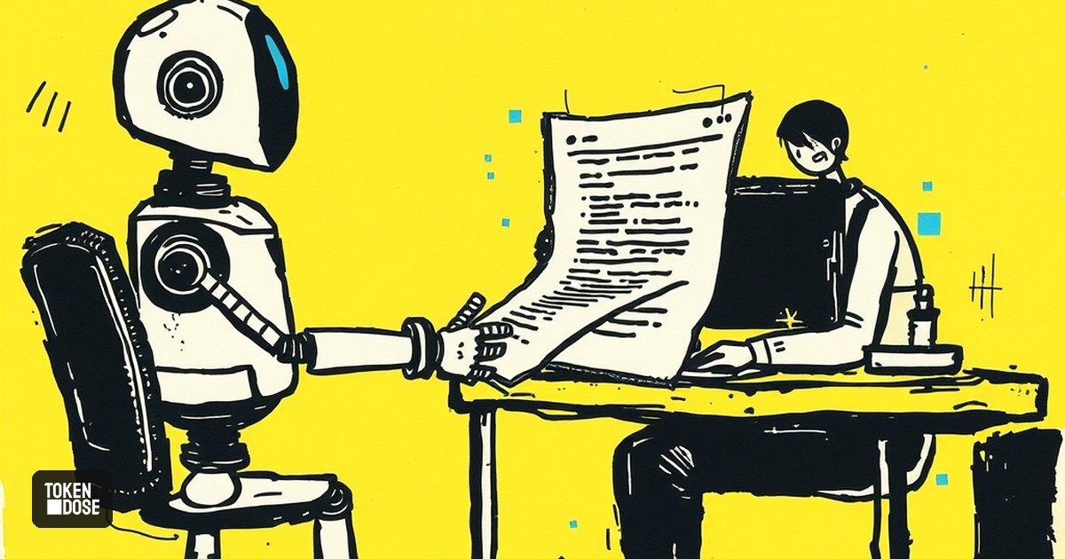Une main humaine relit un document de code posé à côté d’un petit robot qui lui tend une page corrigée
