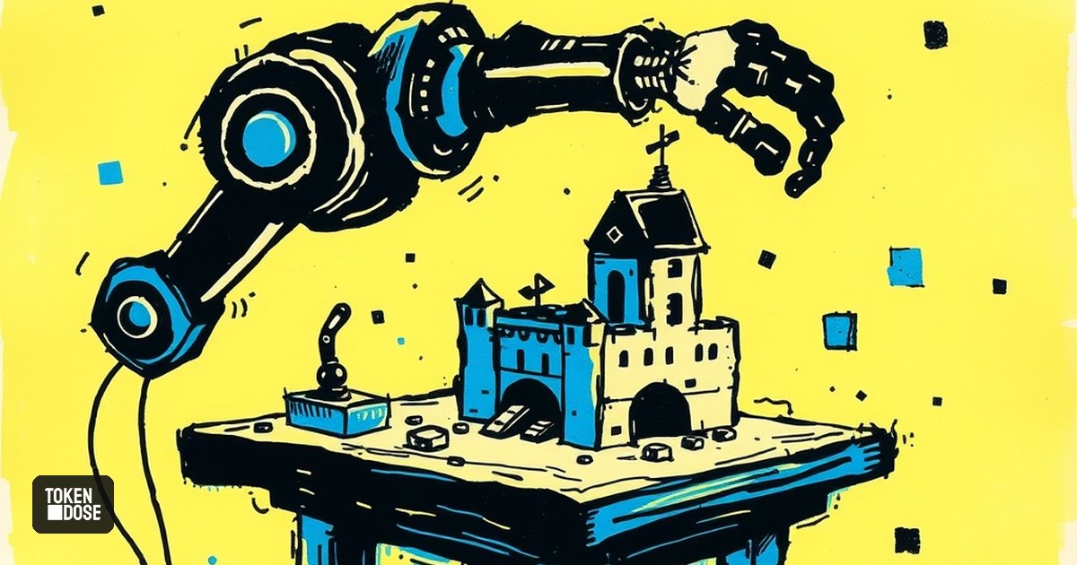 Des briques de jeu vidéo en cours d’assemblage par un bras robotique, devant un château sombre rappelant un univers de fantasy