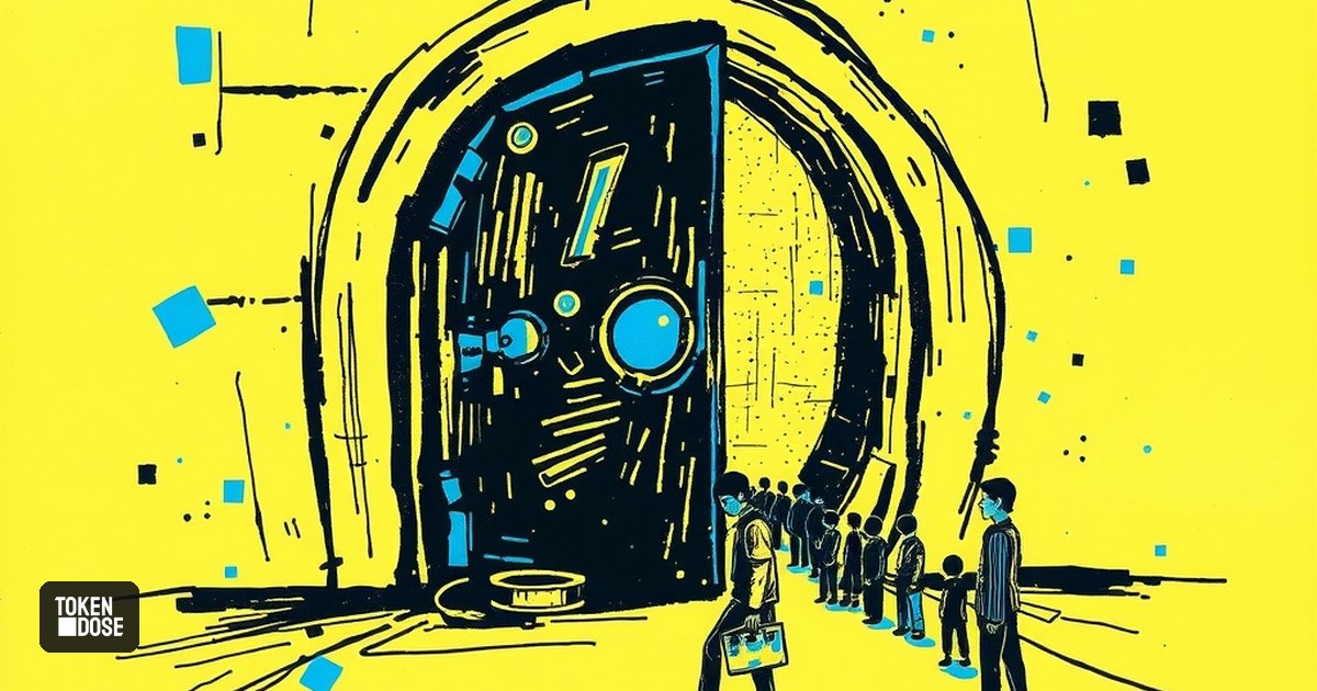 Une porte blindée entrouverte laissant passer un faisceau lumineux, devant une file de petites silhouettes anonymes qui attendent dehors