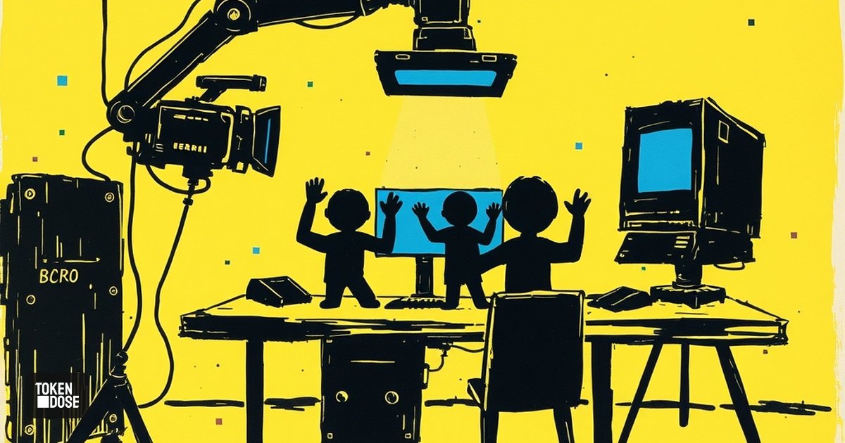 Une table de montage vidéo futuriste où des silhouettes de marionnettes en carton rappent devant une caméra pilotée par un bras robotisé