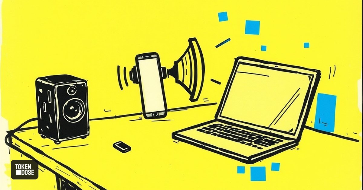 Un smartphone posé sur un bureau, relié par un fil à une onde sonore, symbole d’une IA vocale qui reste sur l’appareil