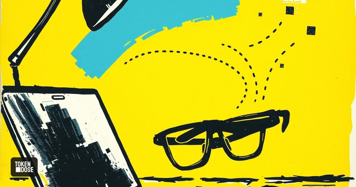 Lunettes connectées posées près d’un ordinateur, avec des lignes pointillées qui relient une bouche fermée stylisée à du texte à l’écran