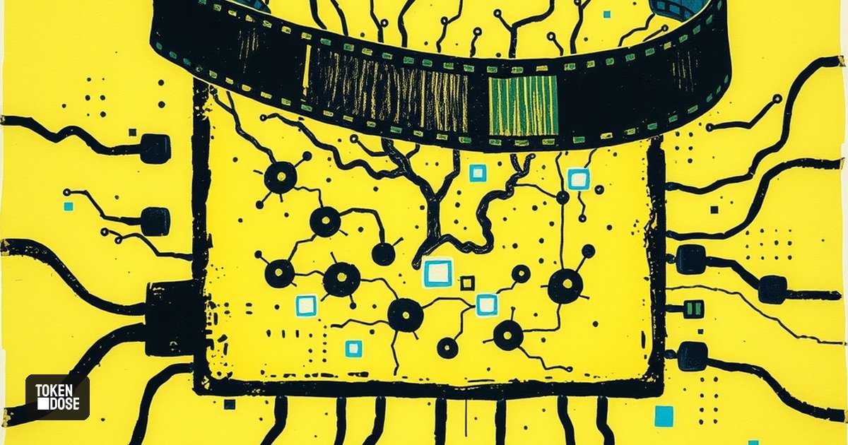 Une grille d’électrodes dorée surmontée d’une pellicule de film qui se déroule, symbolisant des neurones cultivés et une IA vidéo
