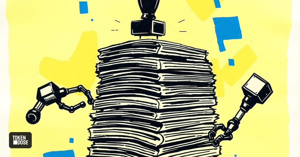 Une balance où un petit sceau mécanique pèse face à une pile de feuilles de démonstration, symbole de la vérification d’une preuve produite par IA