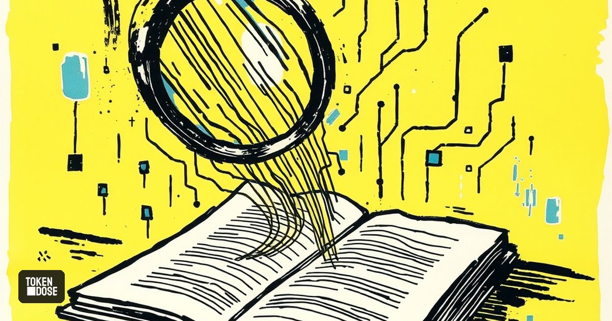 Un livre de règles ouvert posé sur une table, dont les pages se transforment en circuits, observé à travers une loupe