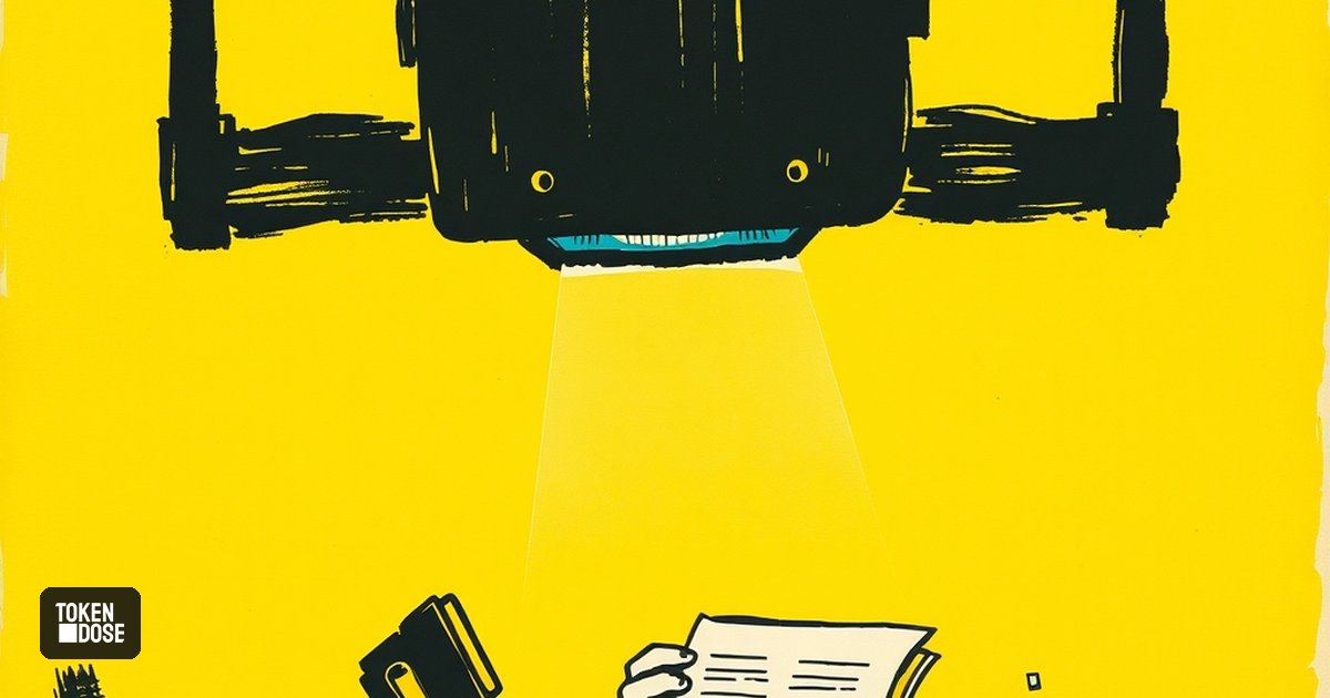 Un petit appareil lumineux lit une pile de factures face à une immense machine sombre, illustration de la lecture de documents par IA