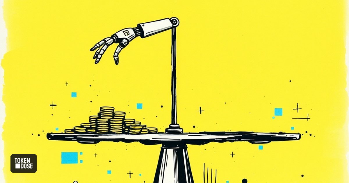 Un bras robotique posé sur une pile de pièces d’or, devant une balance qui penche, métaphore d’une valorisation sans revenus
