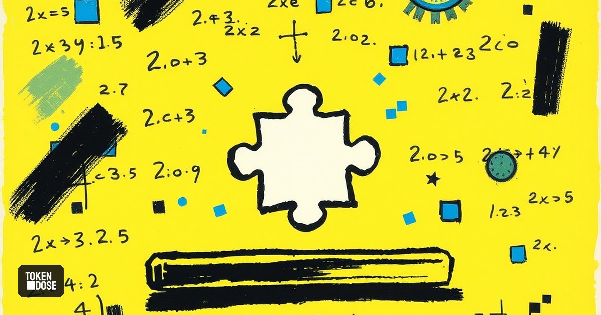 Une pièce de puzzle lumineuse posée sur un tableau noir couvert d’équations, au milieu de formes géométriques évoquant des particules quantiques