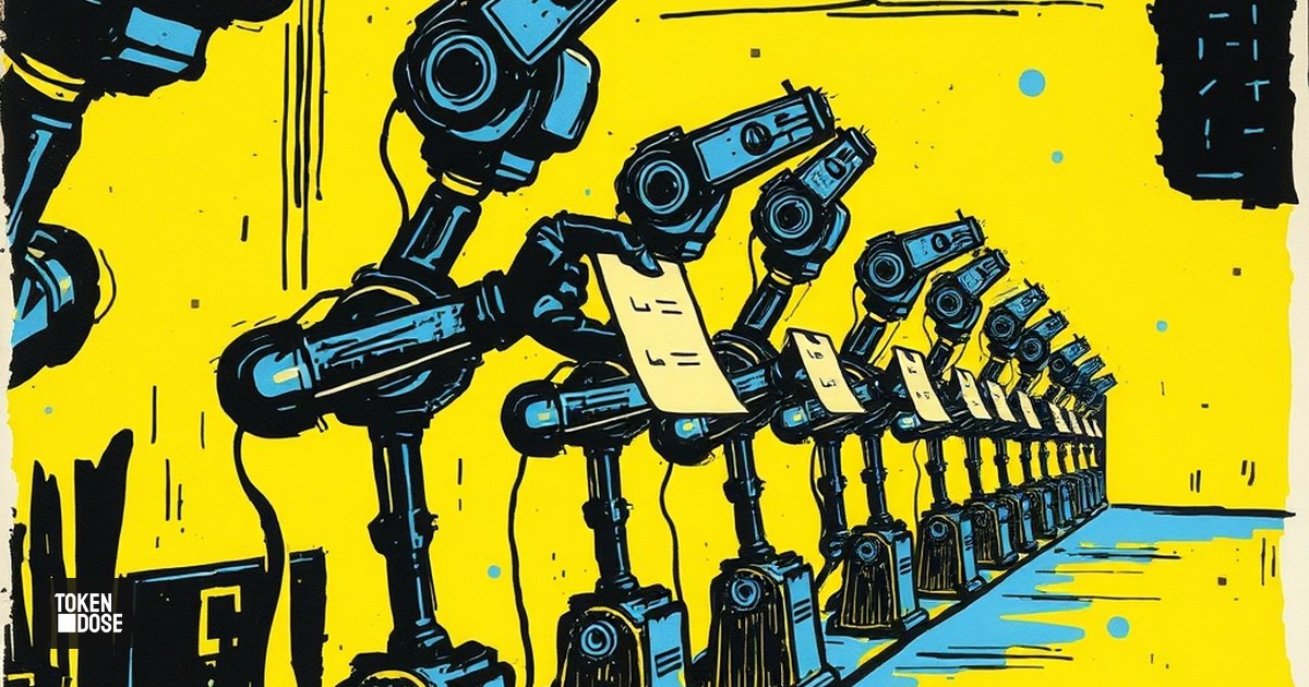 Des bras robotisés alignés dans un atelier se transmettent une carte lumineuse