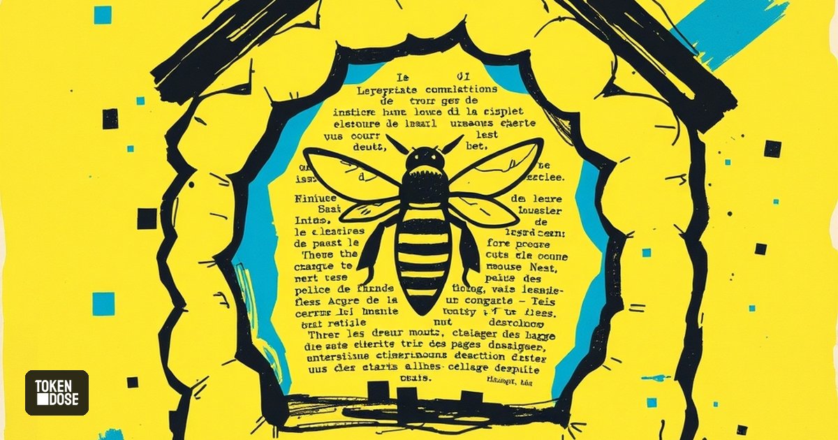 Une ruche en coupe dont une alvéole cache un petit circuit électronique sous un nid d’abeilles