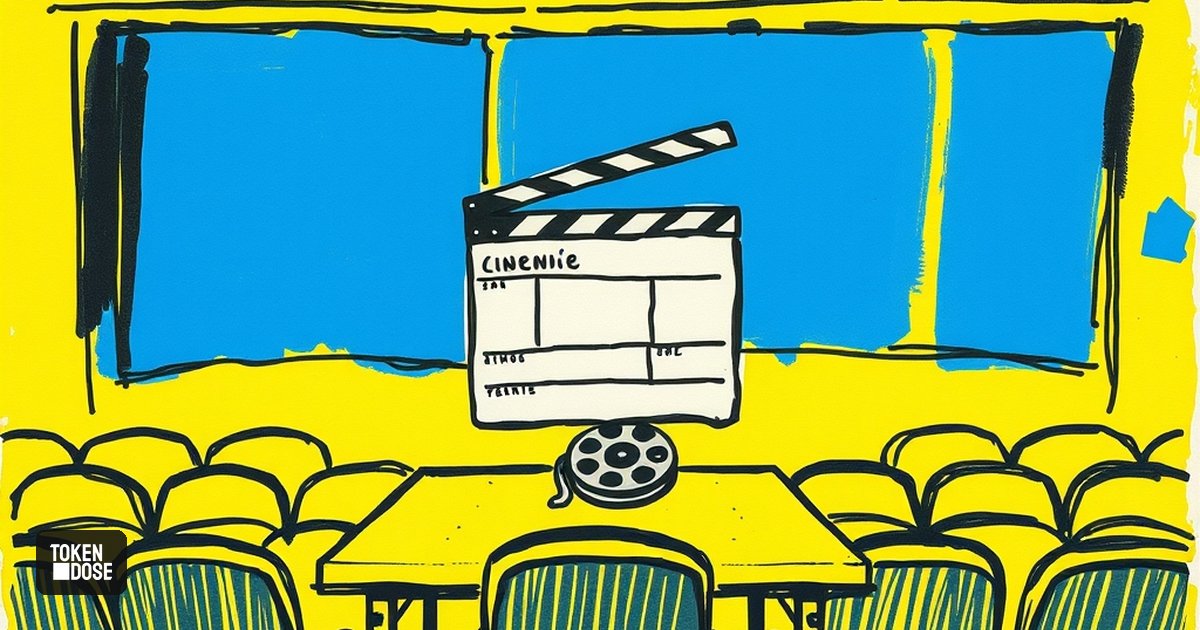Claquette de cinéma et bobine de film sur une table, face à une salle de cinéma vide, avec une main mécanique posant une carte de storyboard