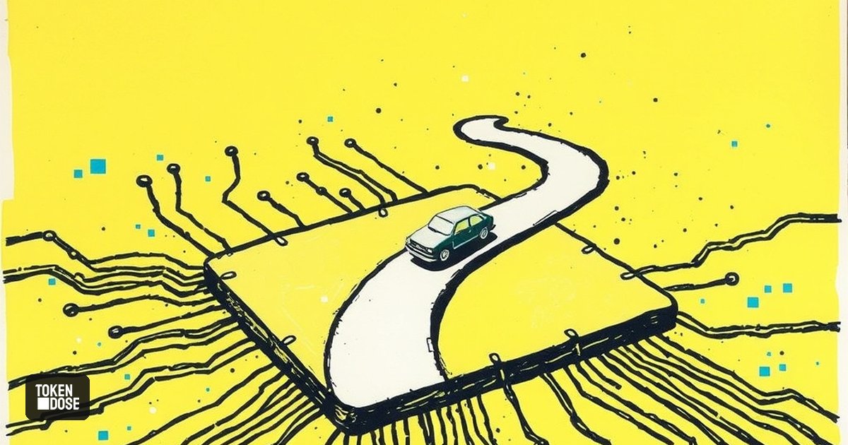 Une puce électronique géante dont les circuits dessinent une route vue du ciel, avec un modèle de voiture miniature qui la suit