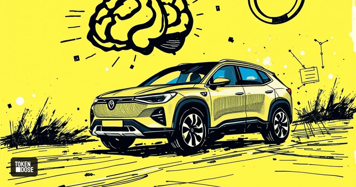 Silhouette d’un grand SUV électrique surmonté d’un cerveau lumineux et d’un symbole infini, sur une route au crépuscule